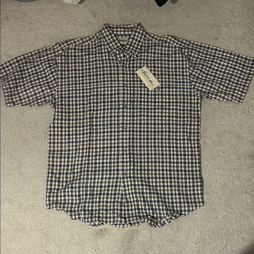 Tan Navy and Cream Plaid Button-Down short-sleeve shirt